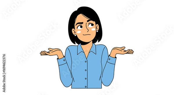 Fototapeta Confused young woman shrugging her shoulders making a I don't know gesture. Vector illustration of a person expressing doubt and uncertainty