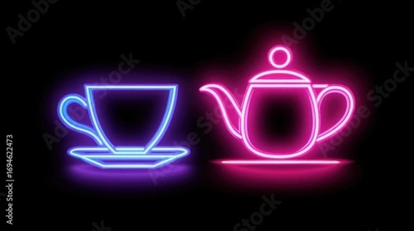 Obraz Neon teacup and teapot on black background