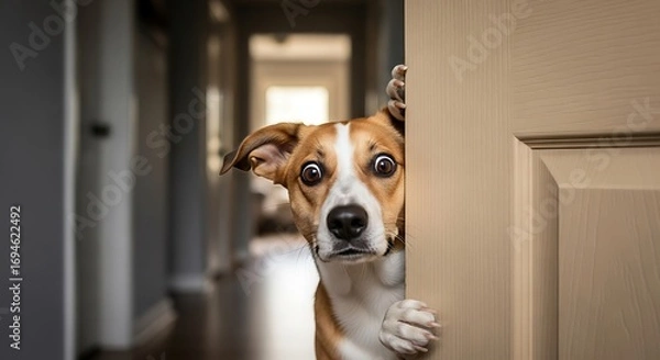 Fototapeta A frightened brown and white dog with wide, expressive eyes peeks around a corner inside a house.