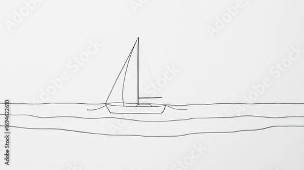 Obraz Simple line drawing of a sailboat on a wavy sea