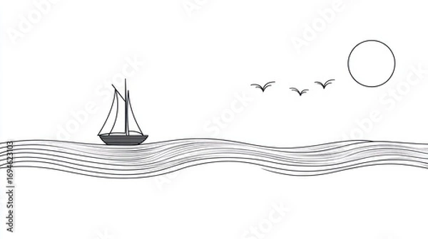 Obraz Simple line drawing of a sailboat on wavy sea, sun, and birds