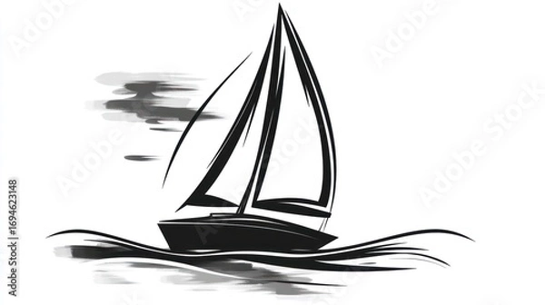 Obraz Silhouette of a sailing vessel on water, stylized with flowing lines