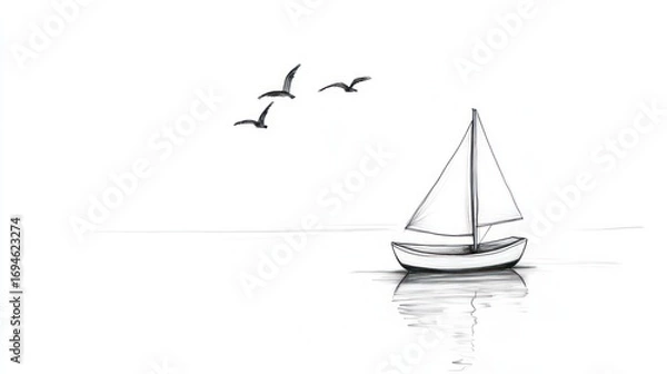 Obraz Simple sailboat sketch, birds in sky, calm water reflection