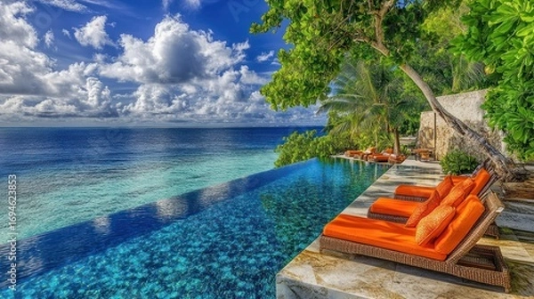 Obraz Tropical infinity pool overlooking turquoise ocean. Lush landscape with chaise lounges