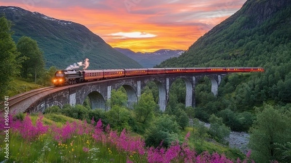 Obraz Scenic train on mountain viaduct at sunset (1)