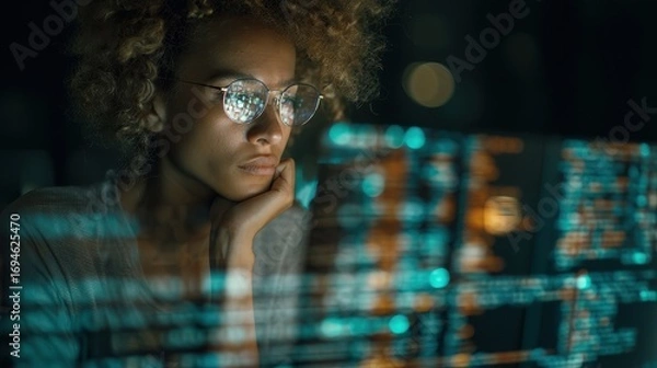 Fototapeta Thoughtful female IT specialist working on a computer in a dark room with screen data reflected in her glasses