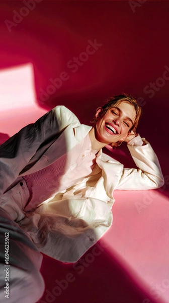Fototapeta Bright Smile and Playful Pose Against Vibrant Pink Backdrop Create a Lively Atmosphere in the Afternoon Light of a Modern Studio Setting