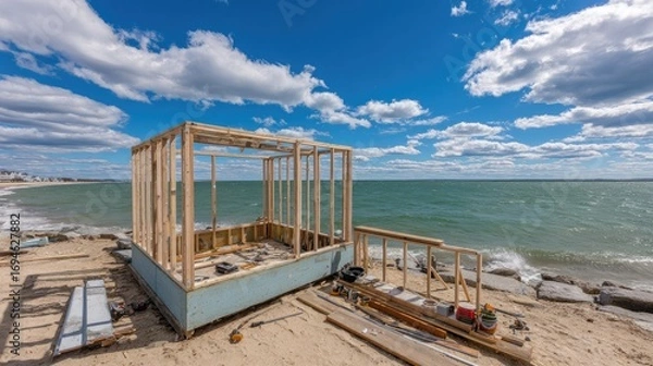 Fototapeta Wooden framing of a beachside structure under construction.
