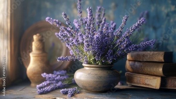 Fototapeta Purple lavender bouquet in clay pot on rustic wooden table with old books and natural light