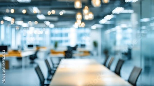 Fototapeta Blurred background of a modern office interior with bokeh lights and open workspace for corporate or business concepts
