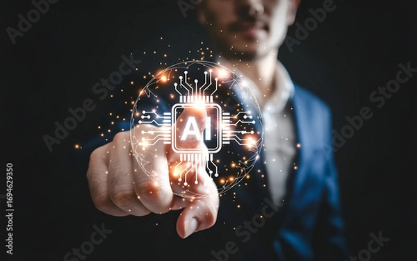 Fototapeta Man's hand touches a glowing AI chip, symbolizing future technology and innovation.
