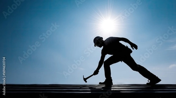 Fototapeta Silhouette of a construction worker hammering on a rooftop.