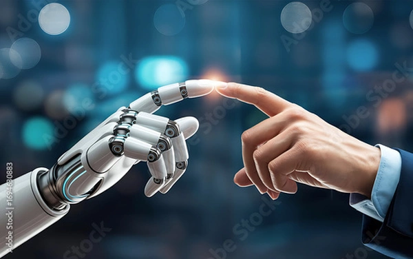 Fototapeta Human and robot touch fingertips, symbolizing future connection and artificial intelligence.