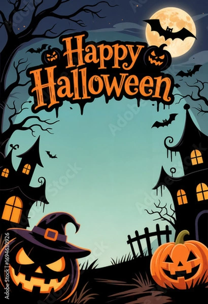 Fototapeta Halloween background with pumpkins, bats and haunted house with copy spase