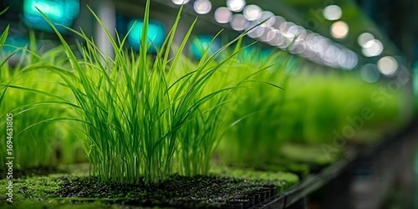 Fototapeta Genetically engineered rice growing in controlled environment under artificial light, showcasing innovation in modern agriculture and biotechnology for sustainable food production