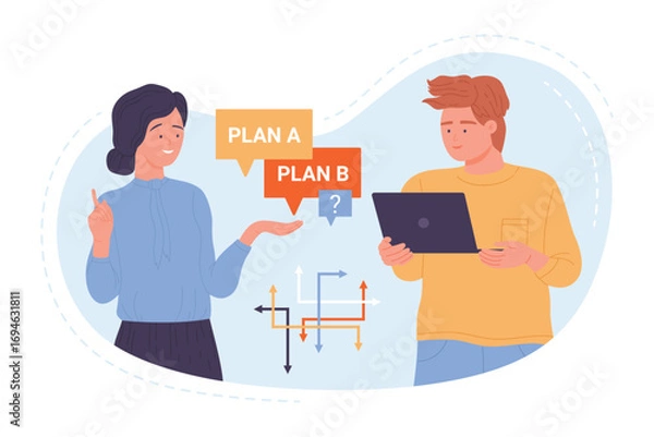 Fototapeta Businessman and businesswoman choose between plan A and B vector illustration. Cartoon man and woman discuss business project and strategy, selecting alternative decision and creative scenario