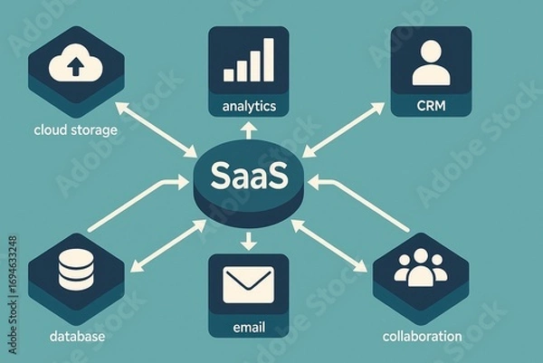 Fototapeta Software as a Service SaaS illustration with cloud, analytics, CRM, and tools