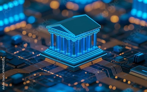 Fototapeta Digital bank building glowing on futuristic circuit board symbolizing financial technology
