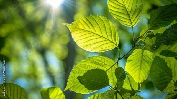 Fototapeta Sunlight filters through fresh green leaves in a vibrant forest setting during spring