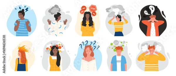 Fototapeta Negative thoughts and mood in people set vector illustration. Cartoon male and female characters with stress and anxiety in unhappy faces, bad weather, ghosts and questions over heads of pessimists