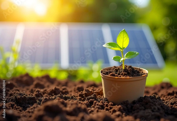 Obraz A young plant growing in a biodegradable pot on a bed of rich soil, with a solar panel in the background, sustainability concept, bright morning light
