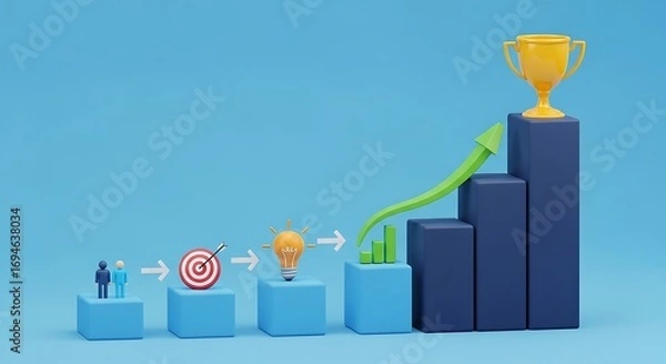 Fototapeta Cartoon character climbing steps towards golden trophy symbolizing success and achievement