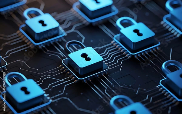 Fototapeta Digital security network with interconnected padlocks on a circuit board.