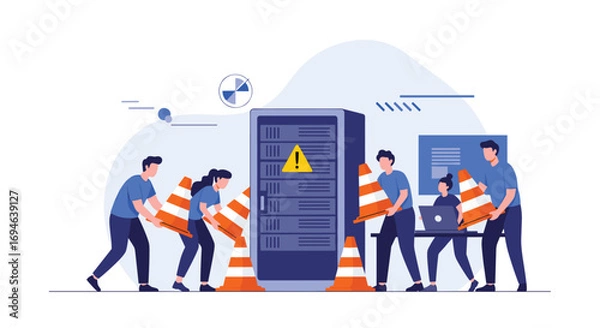 Fototapeta Server maintenance technicians installing safety cones around a data center during emergency repair work