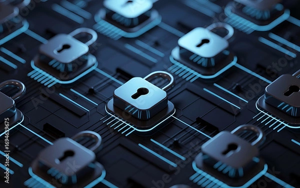 Fototapeta Digital network of glowing padlocks symbolizing data security and cybersecurity.