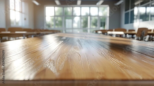 Fototapeta Bright classroom featuring a polished wooden table and empty desks highlighting a learning environment