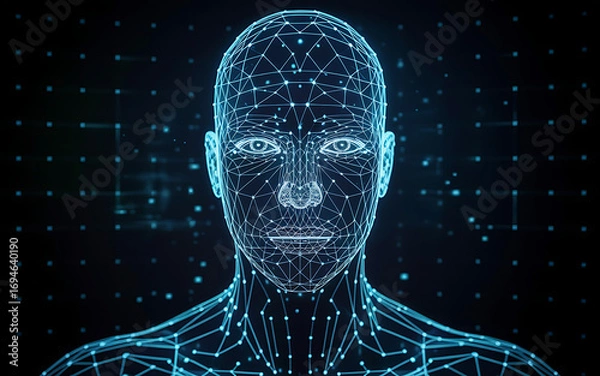 Fototapeta Futuristic digital human face with glowing blue network lines, representing AI and technology.