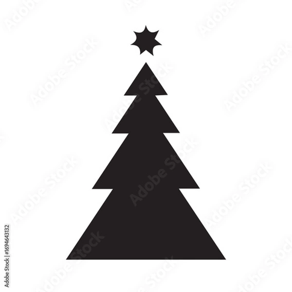 Fototapeta Geometric Christmas tree silhouette with a star on top, isolated on white. A simple, minimalist black vector icon for winter holiday, festive season, and celebration concepts