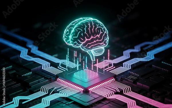 Fototapeta Glowing abstract brain symbolizing artificial intelligence and neural networks on a futuristic circuit board.