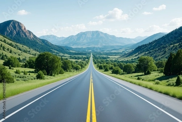 Fototapeta Long straight highway through green valley and mountains under clear sky, perfect for travel and background concepts. Ai generative.