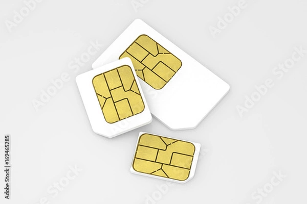 Obraz Different white sim card type size on white background. 3D Render