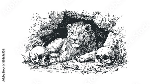 Fototapeta Lion resting in cave with skulls and bones. Vector hand drawn illustration