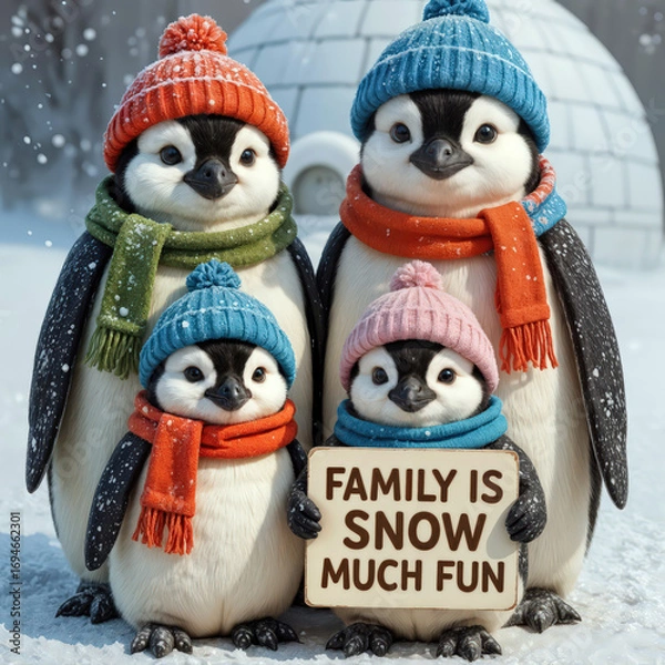 Fototapeta A charming penguin family stands together, each adorned with colorful knit hats and scarves and holding a sign 
