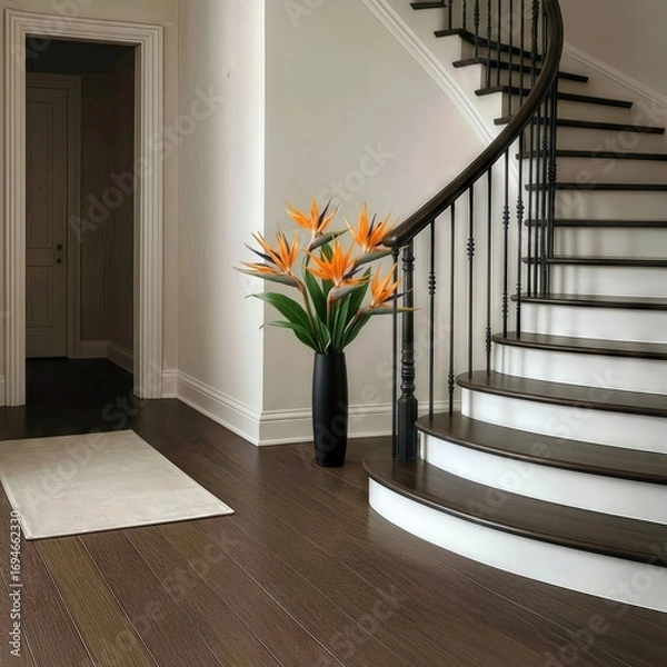 Fototapeta A luxurious interior space showcases a gracefully curved staircase, complemented by a sleek black vase with vibrant Bird of Paradise flowers