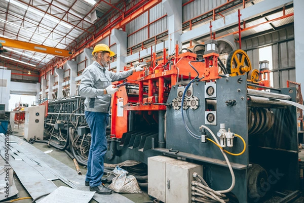 Fototapeta Professional senior Industrial worker in protective helmet and uniform service machinery in factory