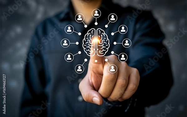 Fototapeta Businessman connecting with people through a glowing brain network