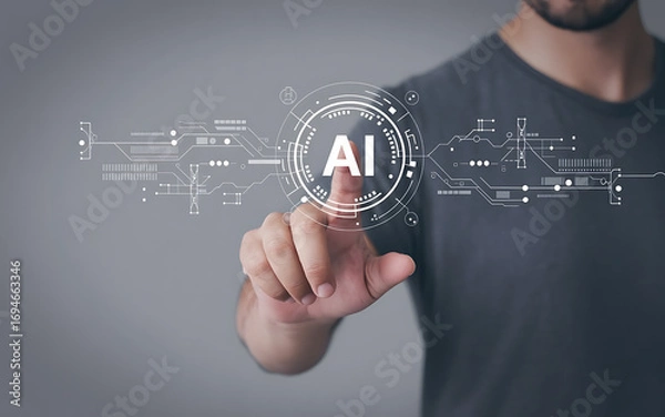 Fototapeta Person touching a futuristic AI interface, symbolizing innovation and technology