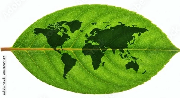 Fototapeta Global Green World Map on a Leaf.