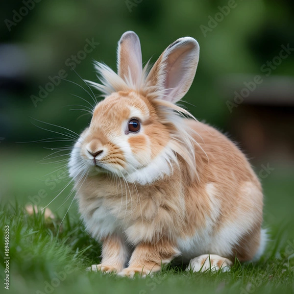 Obraz A fluffy ginger and white Lionhead rabbit with long fur sits attentively on a lush green lawn.