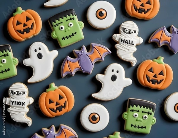 Obraz overhead shot of halloween cookies on a dark