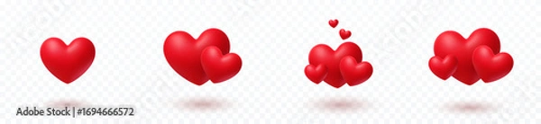 Fototapeta Valentines day love symbols isolated on transparent background. Vector 3d heart balloons. Red romantic signs. Wedding decoration elements with shadow