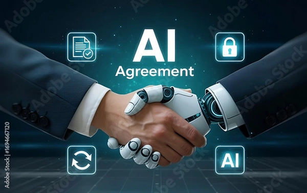 Fototapeta Human and robot handshake symbolizes AI agreement and future technology integration