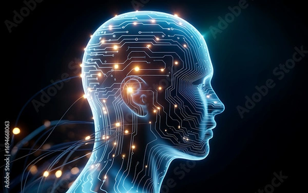 Fototapeta Abstract digital human head with glowing circuits and data flow symbolizing artificial intelligence and connectivity