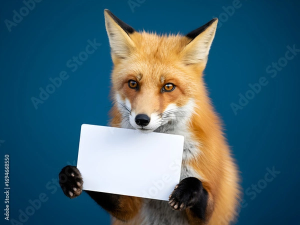 Obraz Red fox holding a blank white sign against a blue background perfect for adding your own text or message ideal for social media posts announcements or creative projects
