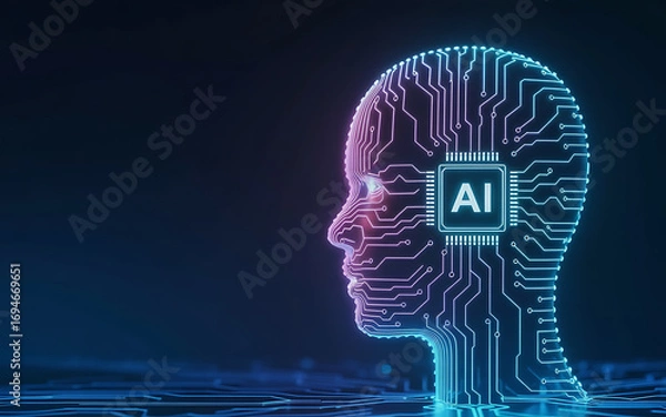 Fototapeta Futuristic AI brain concept with glowing circuits and digital intelligence