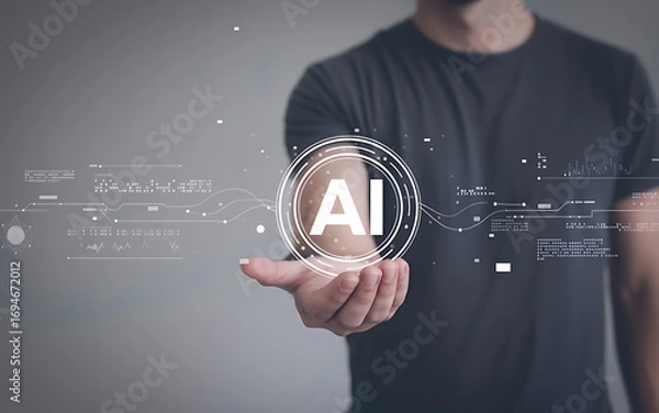 Fototapeta Person holding a glowing AI symbol, representing the future of artificial intelligence and technology.